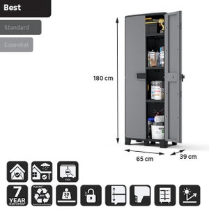 Armoire haute, multiusage, en polypropylène 3 étagères SPACEO, gris et noir, l.65 x H.180 x P.39 cm
