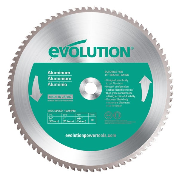 Lame en carbure de tungstène pour aluminium, EVOLUTION, 80 dents, alésage 20mm diam. 355 mm