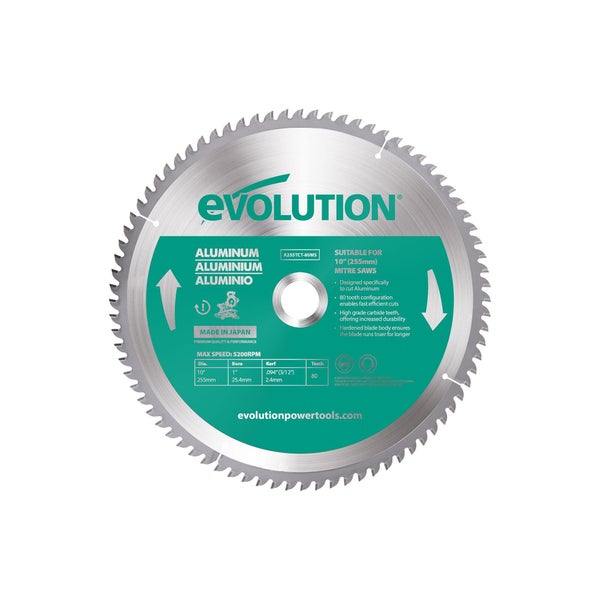Lame en carbure de tungstène pour aluminium, EVOLUTION, 80 dents, alésage 20mm diam. 255 mm