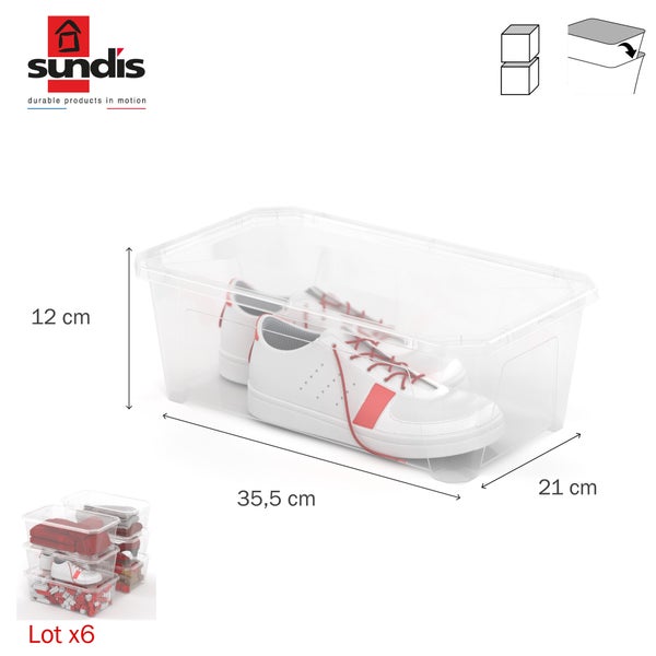 Lot de 6 boîtes plastique 6 l transparent SUNDIS, l.35.5 x P.20.5 x H.12 cm, 6 l