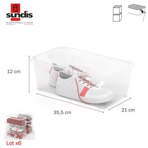 Lot de 6 boîtes plastique 6 l transparent SUNDIS, l.35.5 x P.20.5 x H.12 cm, 6 l