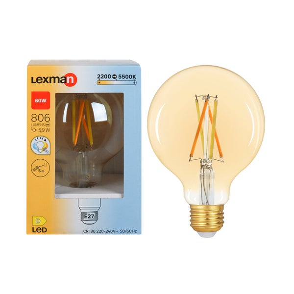 Ampoule led globe 95mm E27 5,9w=60w 806lm ambre 2200 à 5500K cct/dim tout en 1 LEXMAN