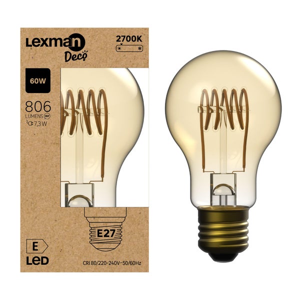 Ampoule led standard e27 7,3w=60w 806lm 2700k spirale ambre LEXMAN