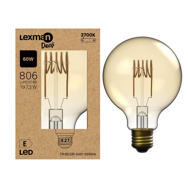 Ampoule led globe 95mm e27 7,3w=60w 806lm 2700k spirale h ambre LEXMAN