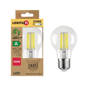 Ampoule led standard verre e27 7,2w=100w 1521lm claire 2700k classe a LEXMAN