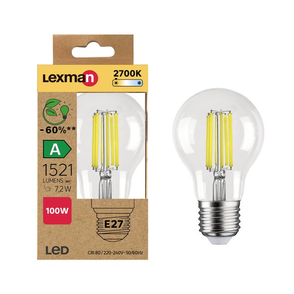 Ampoule led standard verre e27 7,2w=100w 1521lm claire 2700k classe a LEXMAN
