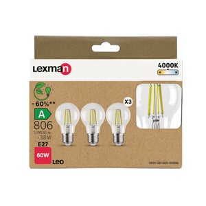 Ampoule led standard e27 3,8w=60w 806lm claire 4000k classe a lot de 3 LEXMAN