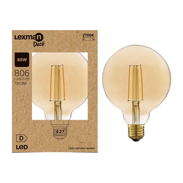 Ampoule led globe 125mm e27 7,8w=60w 806lm 2700k ambre LEXMAN