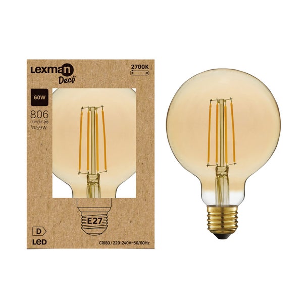 Ampoule led globe 95mm e27 7,8w=60w 806lm 2700k ambre LEXMAN