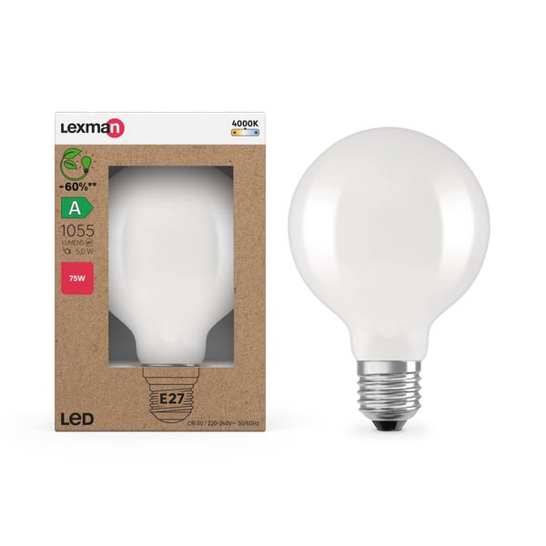 Ampoule led globe 95mm e27 4,9w=75w 1055lm depolie 4000k classe a lxm
