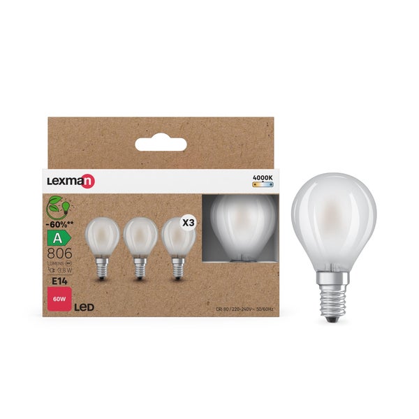 Ampoule led spherique e14 3,8w=60w 806lm depolie 4000k classe a x3 lxm