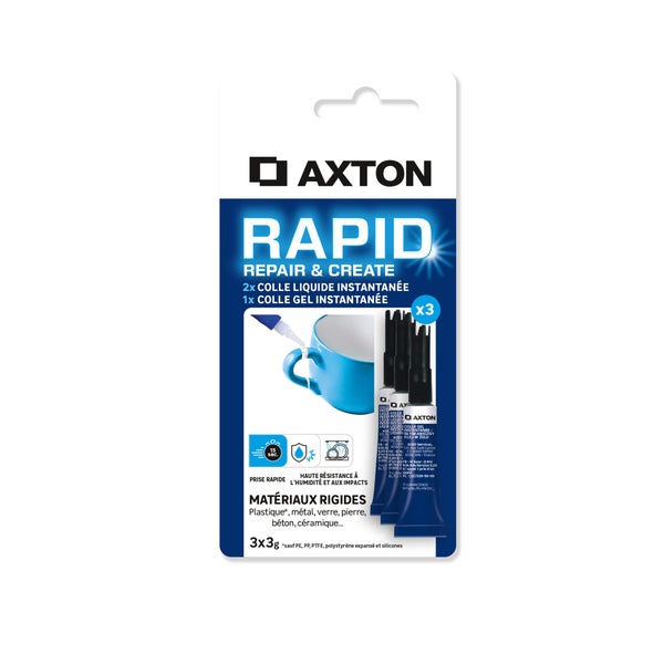 Colle de reparation axton rapid glue 2 liquide + 1 gel tube 3g