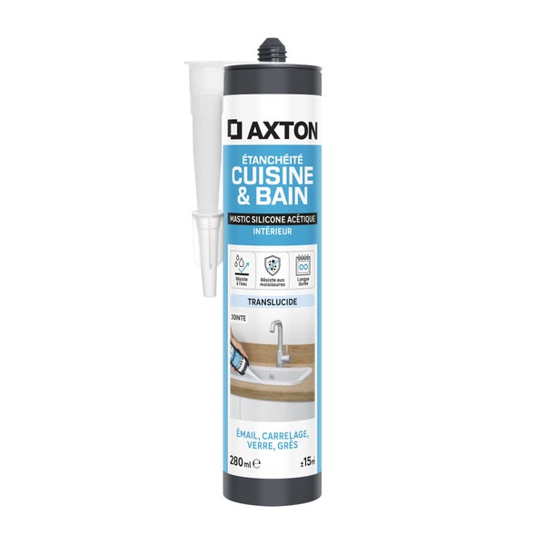 Mastic silicone cuisine/bain transparent AXTON cartouche 280 ml