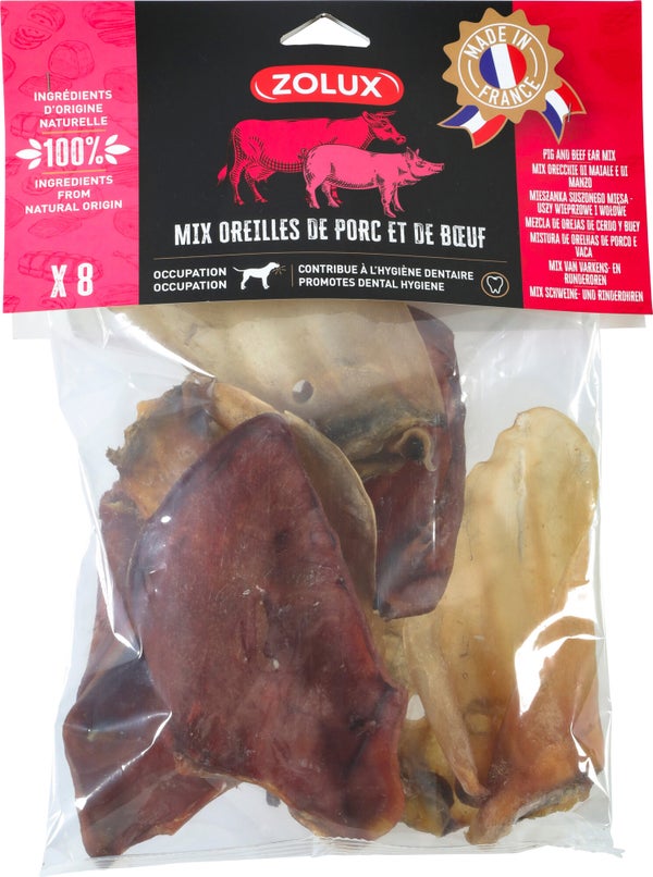 Friandise chien mix oreille de porc /boeuf x 8