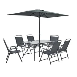 Ensemble repas comprenant 1 table 149,5 x 79,5 x 72 cm 6 chaises et parasol Doma acier