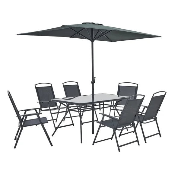 Ensemble repas comprenant 1 table 149,5 x 79,5 x 72 cm 6 chaises et parasol Doma acier