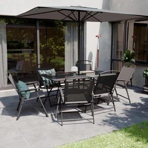 Ensemble repas comprenant 1 table 149,5 x 79,5 x 72 cm 6 chaises et parasol Doma acier