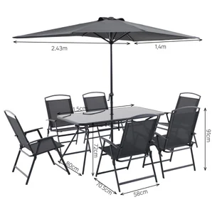 Ensemble repas comprenant 1 table 149,5 x 79,5 x 72 cm 6 chaises et parasol Doma acier