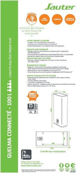 Chauffe-eau plat électrique connecté horizontal/vertical SAUTER 100L