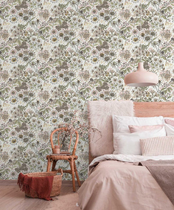 Papier peint intissé Petit bouquet beige, rose et vert