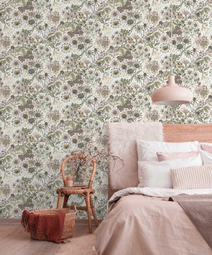Papier peint intissé Petit bouquet beige, rose et vert