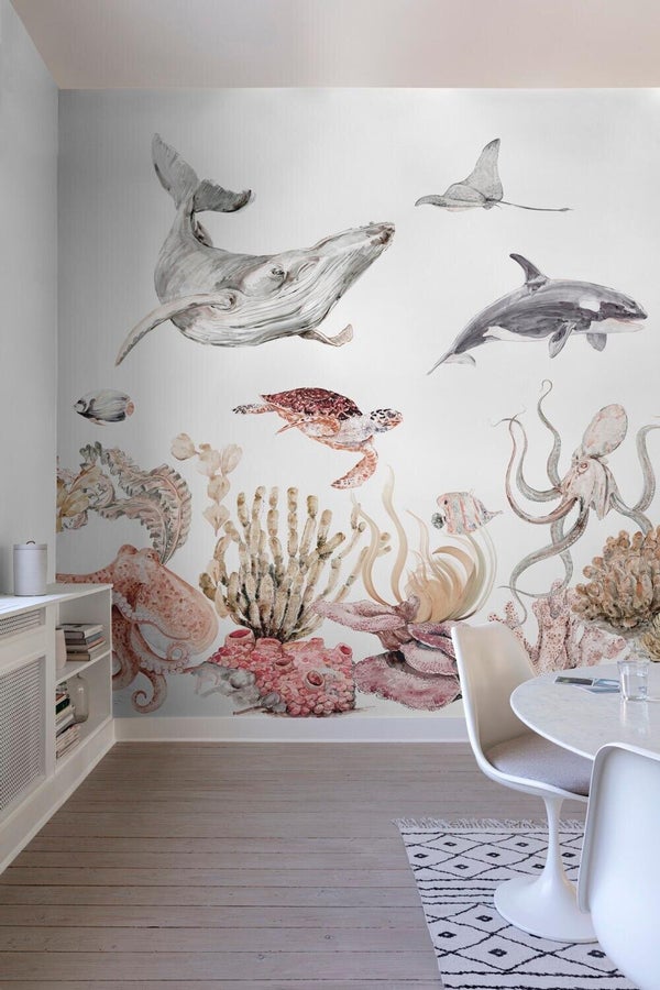 Papier peint intisse panoramique motif sealife multicolore