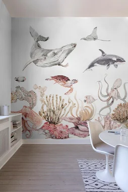 Papier peint intisse panoramique motif sealife multicolore