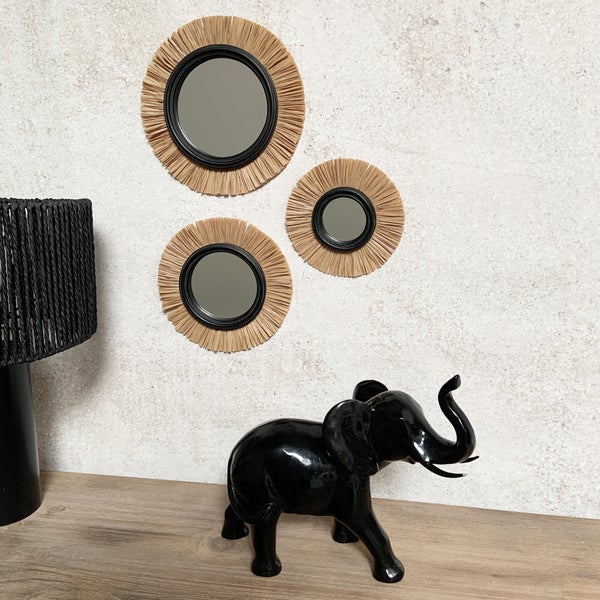 Miroir ethnique diamètre 21 cm raffia