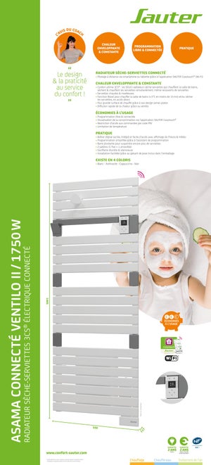 Sèche-serviettes électrique soufflant SAUTER 1750W, H140.5 x l55 cm Asama ii blanc