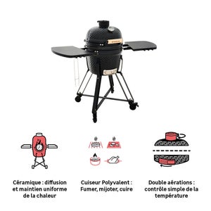 Barbecue Kamado céramique charbon, NATERIAL Little Drago, noir, diam.34 cm, avec housse