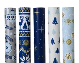 Papier cadeau 5 designs Noël assortis bleu/blanc 2m