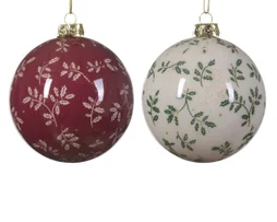 Boule Noel mousse d8cm decor feuille variantes rouge/beige-unite