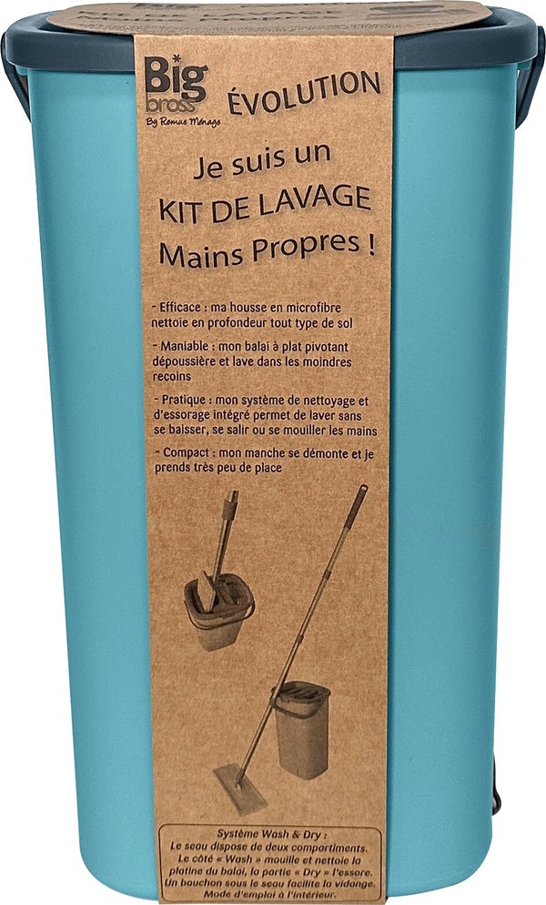 Balai à plat + seau double bac/bouchon vidange, manche inox + 1 recharge microfibre kit Evolution Bigbross