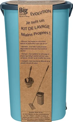 Balai à plat + seau double bac/bouchon vidange, manche inox + 1 recharge microfibre kit Evolution Bigbross