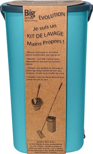 Balai à plat + seau double bac/bouchon vidange, manche inox + 1 recharge microfibre kit Evolution Bigbross