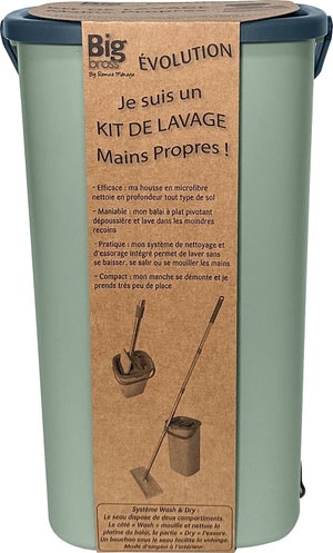 Balai à plat + seau double bac/bouchon vidange, manche inox + 1 recharge microfibre kit Evolution Bigbross
