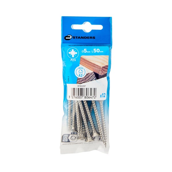 Vis agglo tete fraisee pozidriv inox A2 5x50 STANDERS sachet 12 pieces