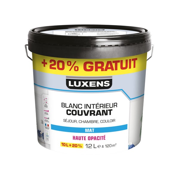 Peinture mur, plafond, boiserie blanc mat LUXENS Couvrant 10L+20% gratuit