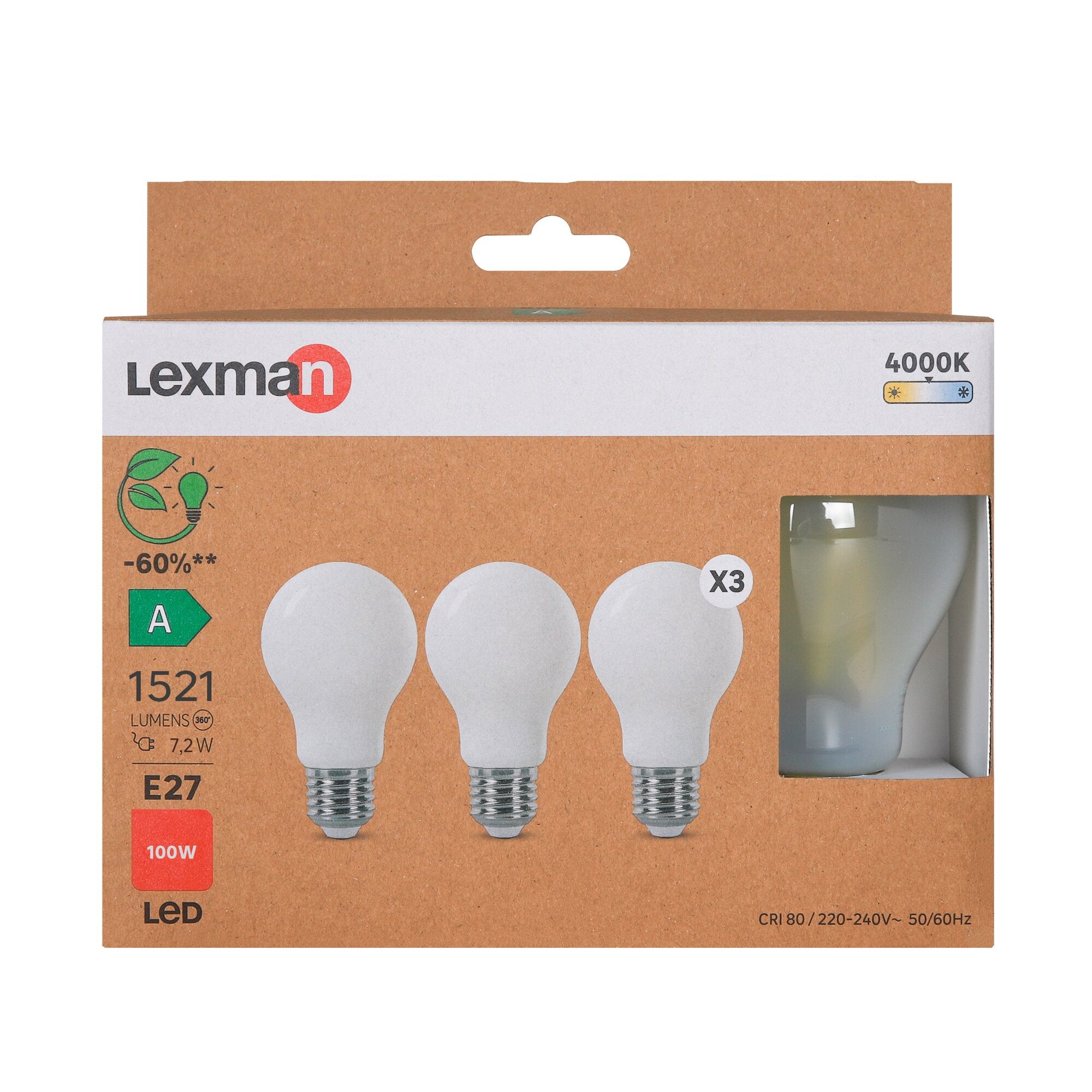 Ampoule led standard e27 7,2w=100w 1521lm depoli 4000k classe a x3 lxm