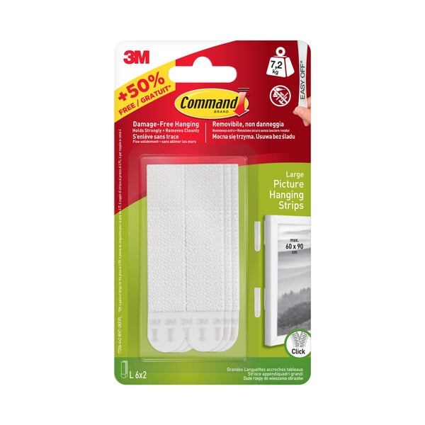 Languette de fixation adhésive pour tableau max 7.2kg, lot de 8 + 50% gratuites, COMMAND