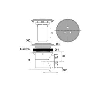 Bonde de douche pour receveur diam.60 sortie horizontal D40