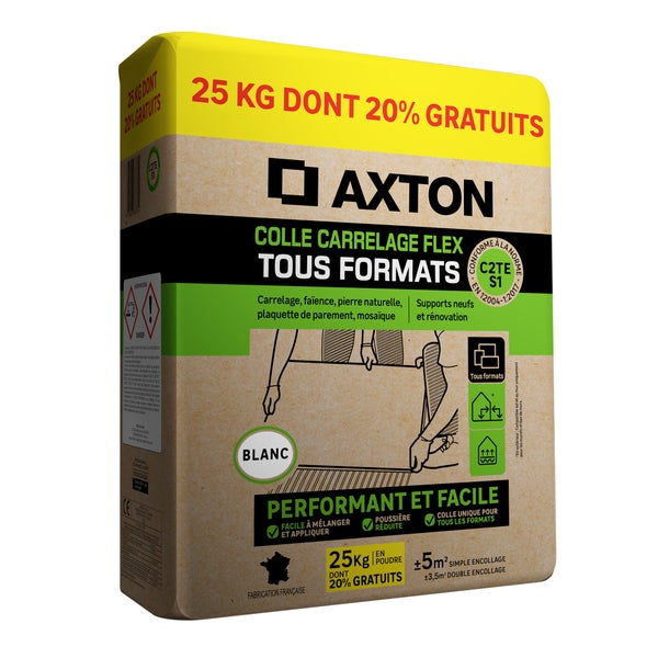 Colle en poudre sol/mur, int/ext,tous formats,blanc dont 20% gratuits AXTON 25KG