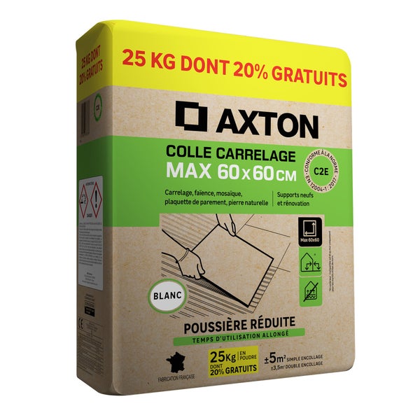 Colle en poudre sol/mur, int/ext, max 60X60cm,blanc dont 20% gratuits AXTON 25KG
