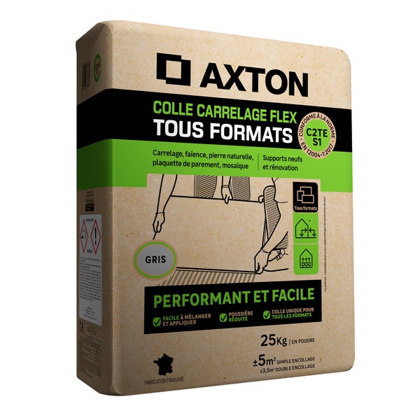 Colle tous formats intérieure/extérieure, AXTON, 25kg, grise