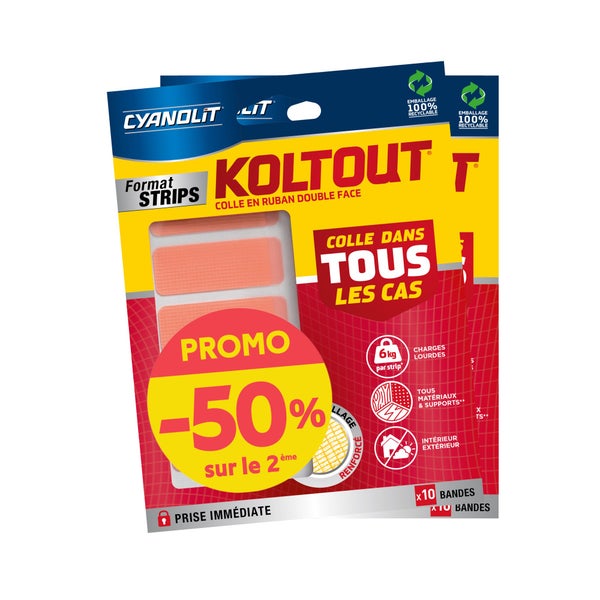 Adhesif double face Cyanolit Koltout Strip 4,8x1,8cmx10 lot de 2