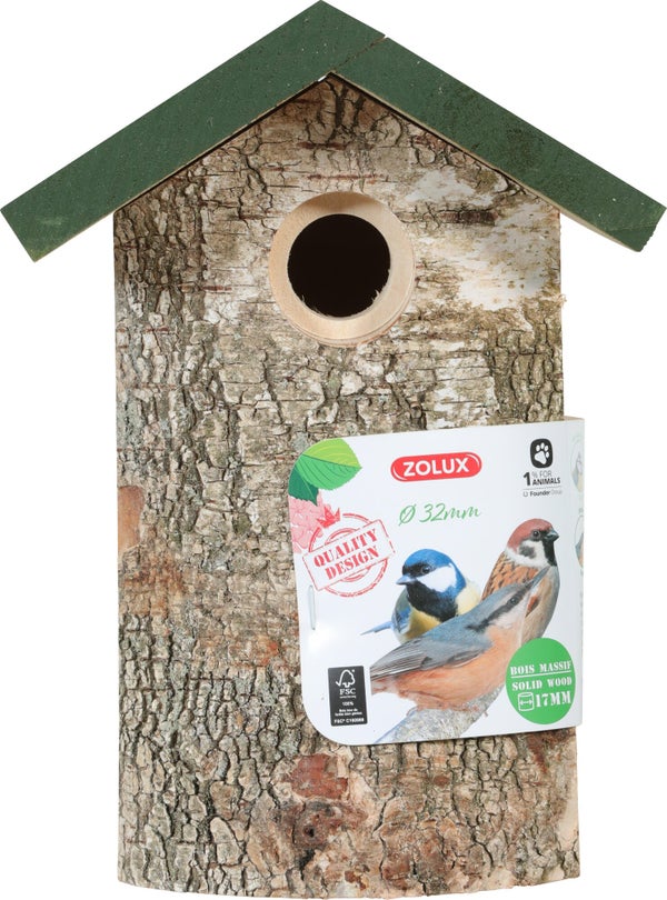 Nid oiseaux du jardin bois massif 17mm Hut d32 19x17x26cm vert Zolux