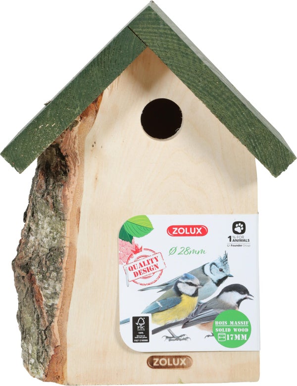 Nid oiseaux du jardin bois massif 17mm Hut d28 19x16x25cm vert Zolux