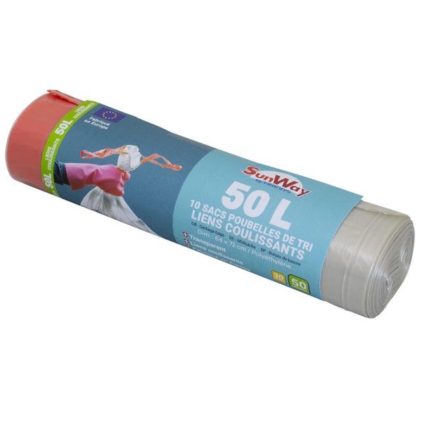 10 sacs poubelle de tri transparents lien coulissant 50 litres