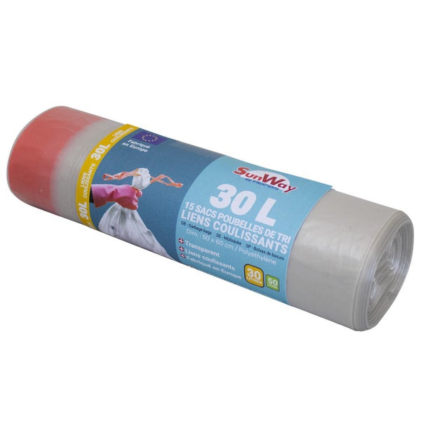 15 sacs poubelle de tri transparents lien coulissant 30 litres