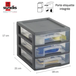 Tour de rangement TAG TOWER A6 SUNDIS, 3 tiroirs, L.21 x l.18 x H.17cm